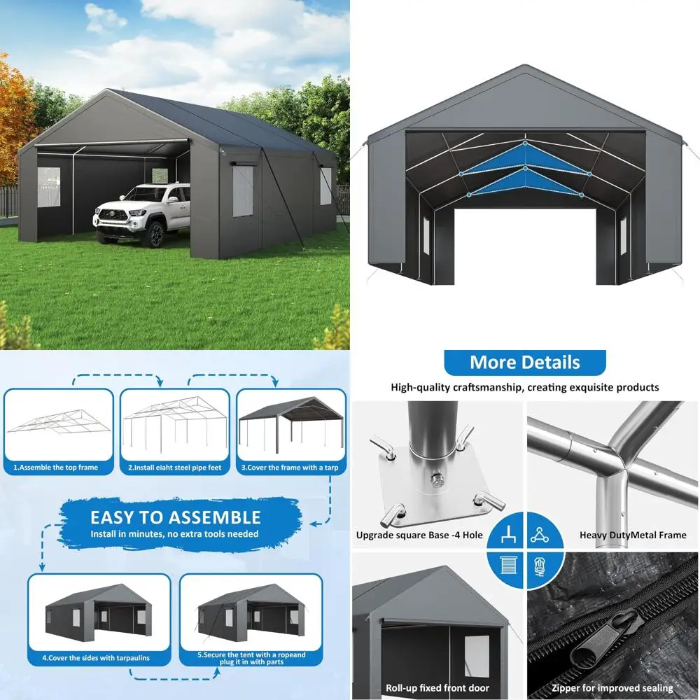 

carport 20x20 ft, heavy duty car port canopy, with 2 side-opening door & roll-up windows, outdoor portable garage for car, truc