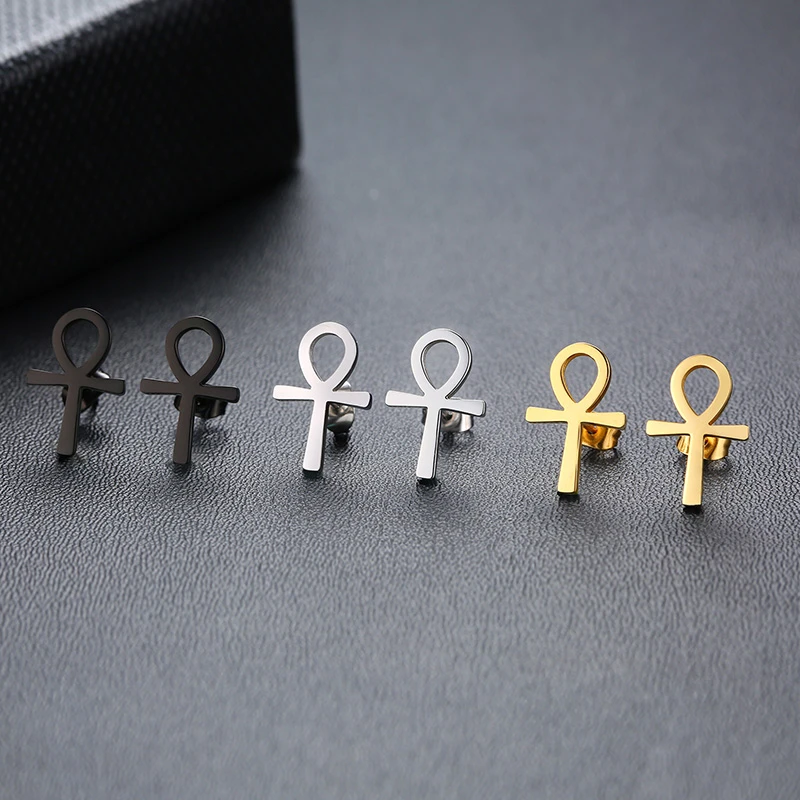 WOMNE MEN'S ANKH CROSS EGYPTIAN STUD EARRINGS STAINLESS STEEL the KEY of LIFE NILE CRUX RASTA EARRINGS