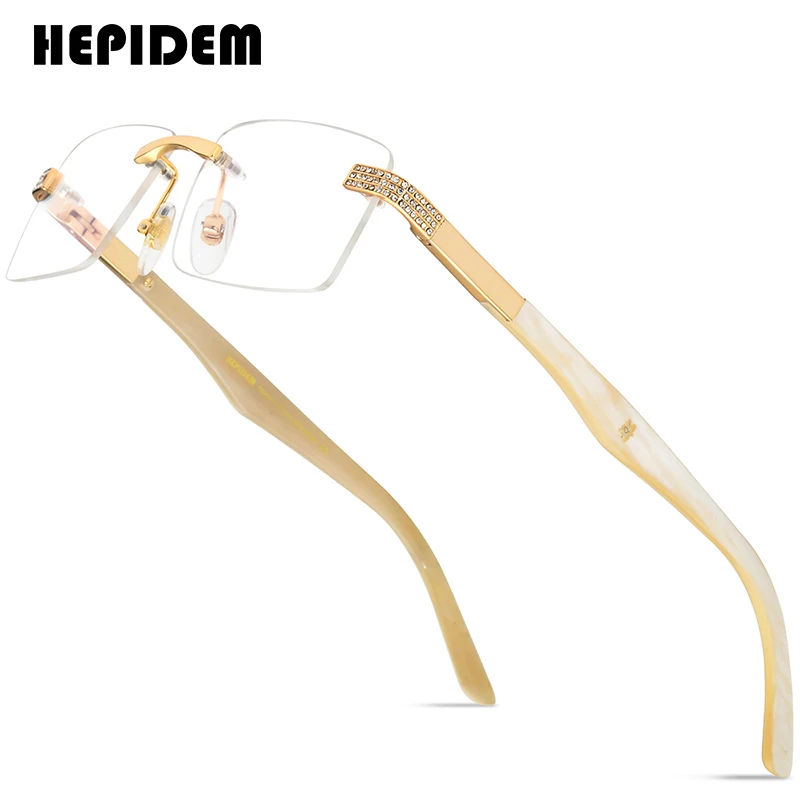 

HEPIDEM Buffs Glasses Men 2021 New Square Luxury Diamonds Sumptuous Rimless Buffalo Horn Eyeglasses Frame Women 0023