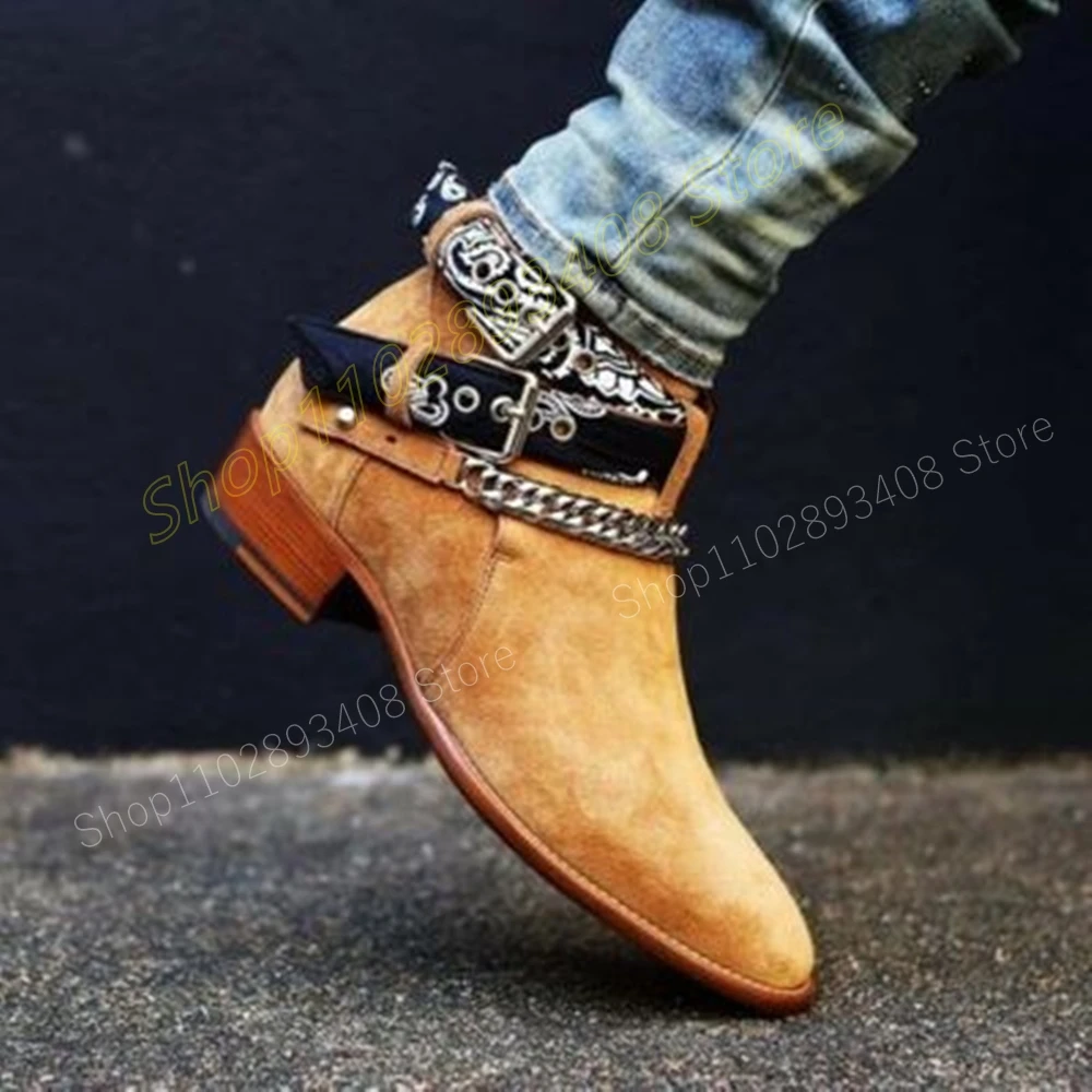 Oxford Suède Coole Punk Stijl Enkellaarzen Metalen Ketting Decor Koe Ridder Flat-Met Mode Puntige Herenschoenen 2024 Zapatillas Mujer