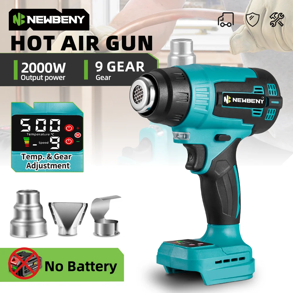 NEWBENY 2000W 500 ℃   Elektrische Heißluftpistole mit 9 Gängen, Handgerät, Kabellos, Wiederaufladbar, Industrie- und Heimwerkzeug für Makita-Akkus