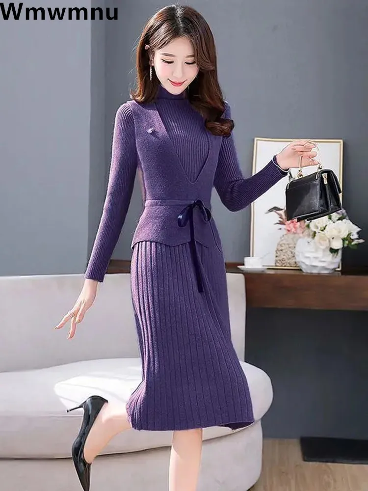 Elegant Office Ladies Knitwear Vest 2 Piece Sets Korean Slim Chic Sleeveless Tops Conjuntos Casual Soft Knit Dresses New 2023