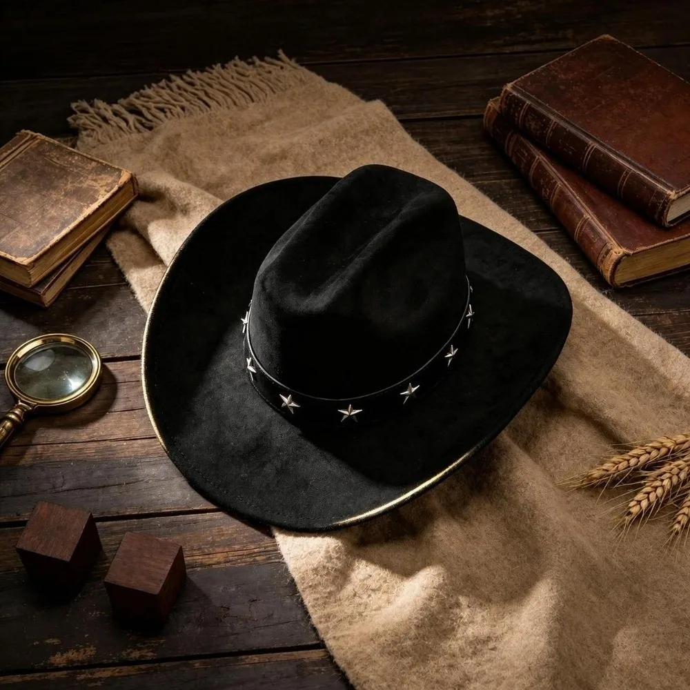 Fashion Big Brim Fedora Hat Curved Brim Breathable Western Top Hat Vintage Five-pointed Star Belt Cowboy Cap Outdoor