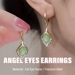 Cat Eye Stone Drop Earrings Gold Waterdrop Dangle Hoop Earrings Titanium Steel Elegant Jewelry for Women