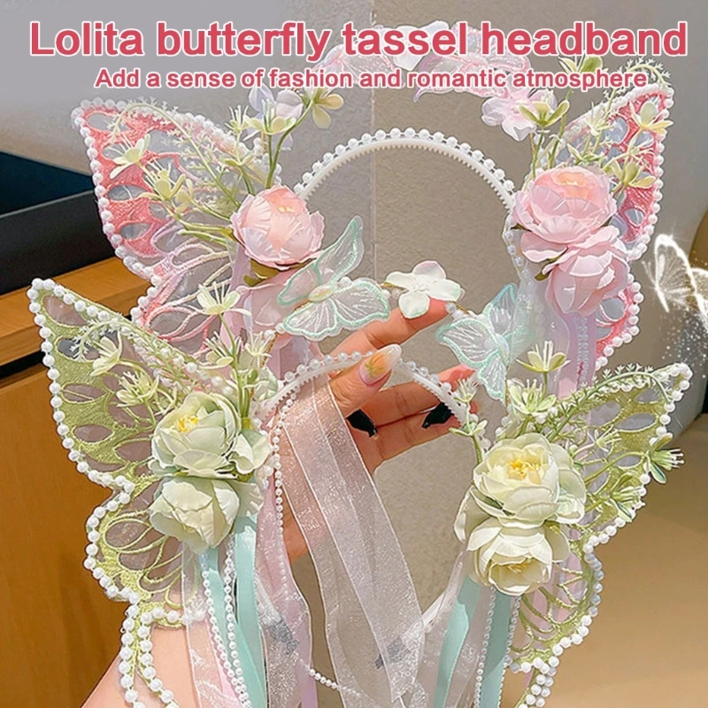 Kobiety elegancka błyszcząca opaska do włosów księżniczka motyl wstążka perły opaska Lolita nastoletnie dziewczyny motyl frędzle stroik imprezowy