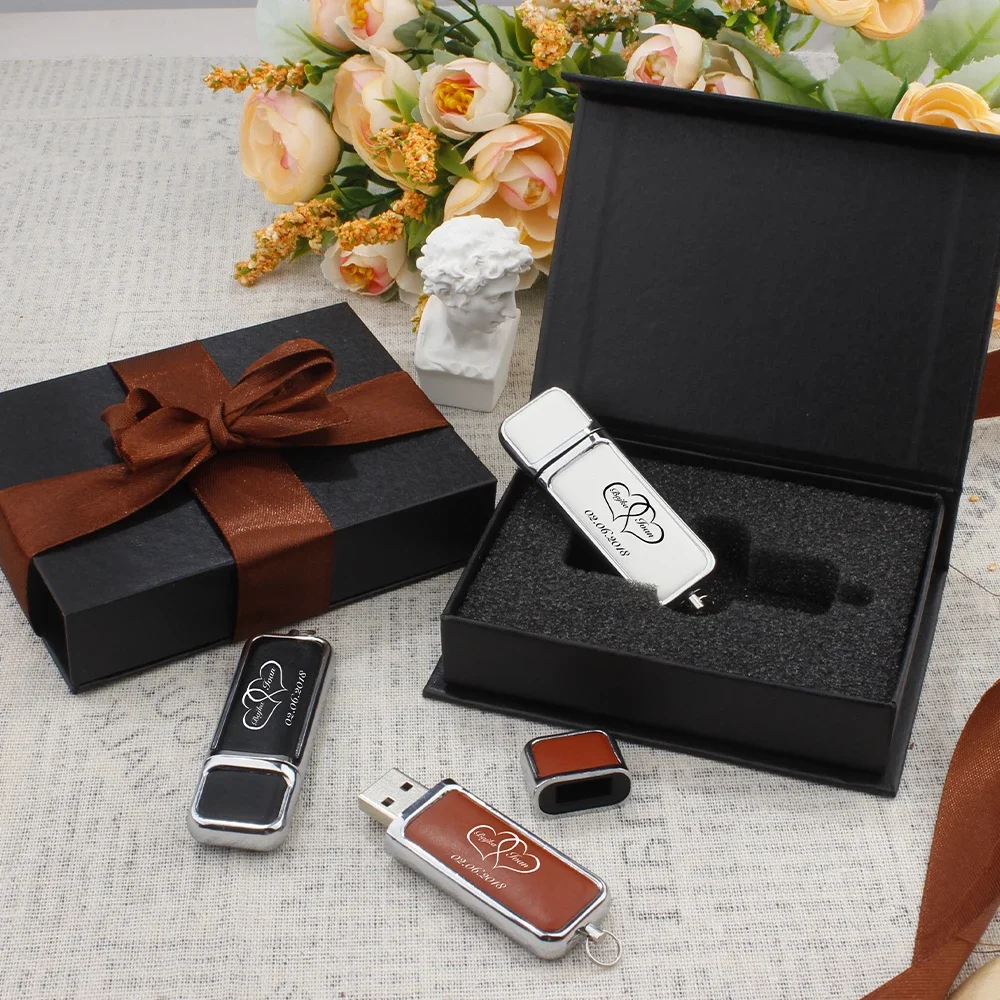 Imagem -02 - Usb 3.0 Flash Drive de Couro com Logotipo Personalizado Gratuito Memory Stick Box Branco Preto Alta Velocidade Presente de Casamento 64gb 128gb 30 Pcs Lot