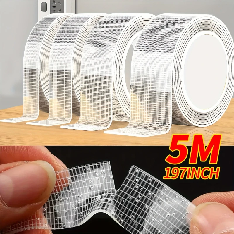 5M Grid Nano Double-sided Adhesive High Viscosity Seamless Transparent Tape 3 Rolls of 5 Meters Strong Waterproof Nano Adhesive