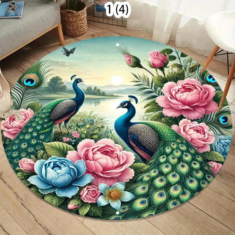 

Круглый ковер с китайским лотосом, карпом кои и цветами сакуры для гостиной, спальни, домашний напольный коврик, моющийся, для отдыха