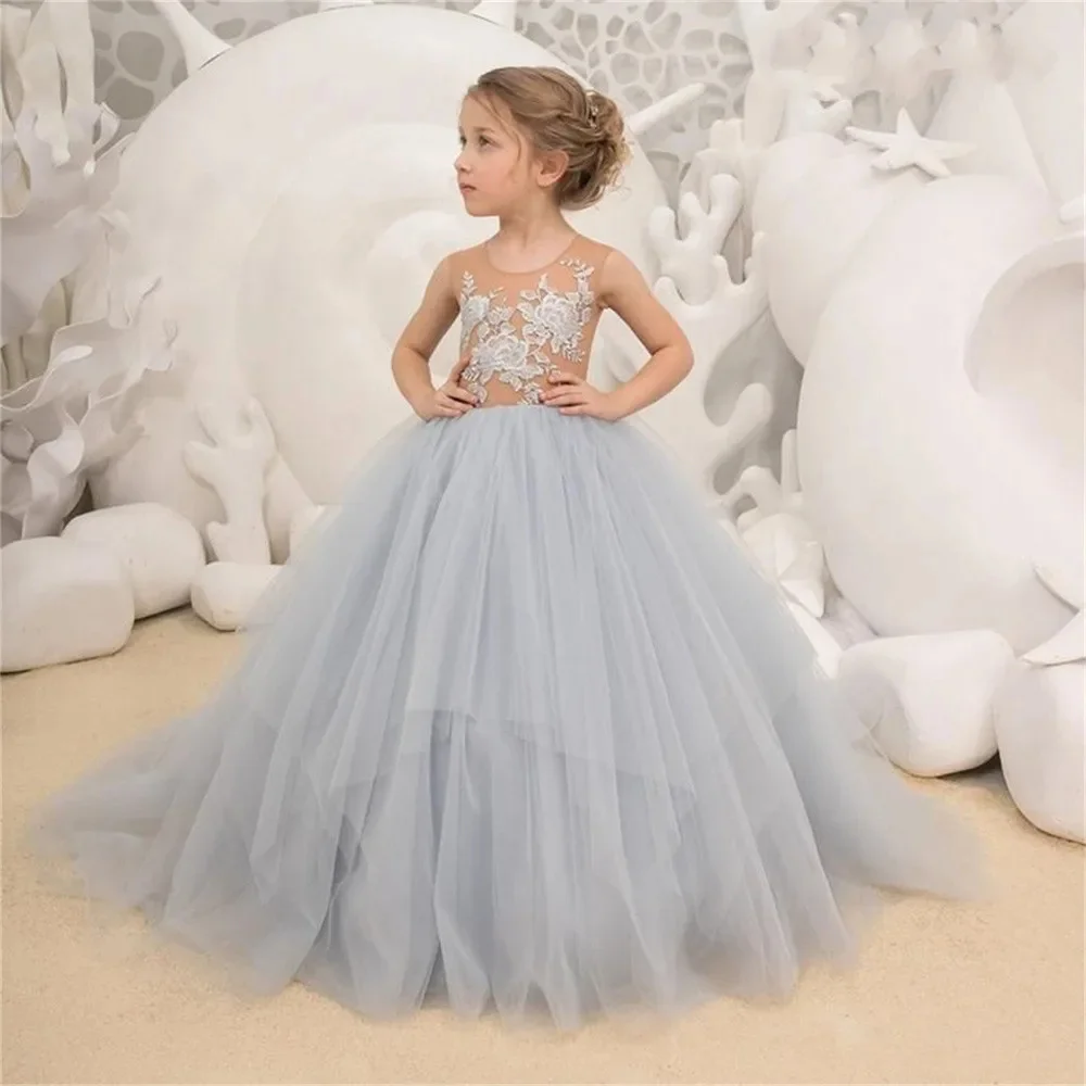 Flower Girl Dress For Wedding Tulle Applique Sleeveless Fluffy  Birthday Ball Gown Floor Length Formal Holy Communion Gown