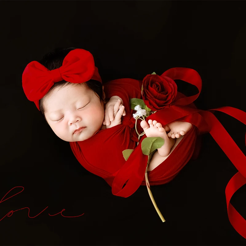 Rose Theme Newborn Photography Props Red Stretch Wrap with Big Bow Headband Baby Swaddle Blanket Studio Photo Shoot Accessories