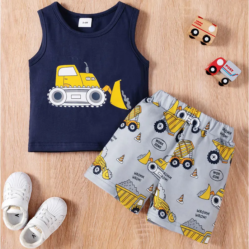 3M-24M Baby Boy Cotton Cartoon Car Dark Blue Vest Top Paired with Printed Shorts Two-piece Set，Suitable for Summer Wear