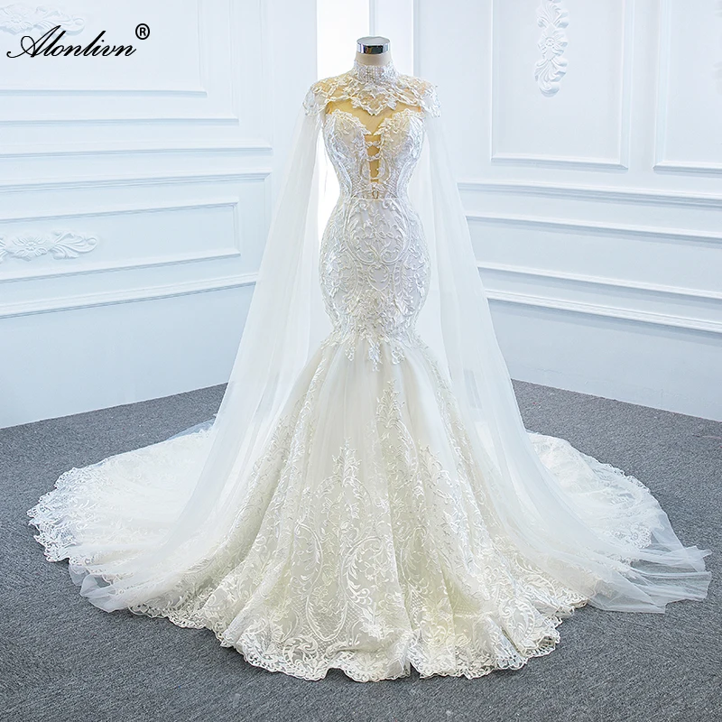 

Alonlivn Luxurious Lace Sweetheart Mermaid Wedding Dresses Appliques Embroidery Bridal Gown With Detachable Cloak