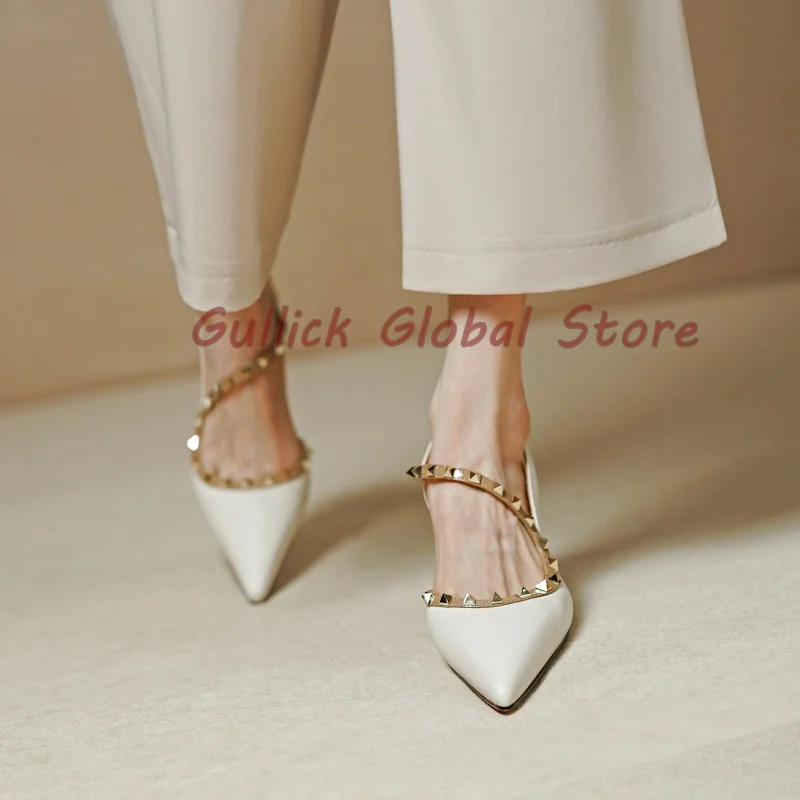 

2024 New Arrival Stiletto Beige Black Pointed Toe Genuine Leather Rivet Slingback Sandals Spring Summer Dress Party Cosy Shoes