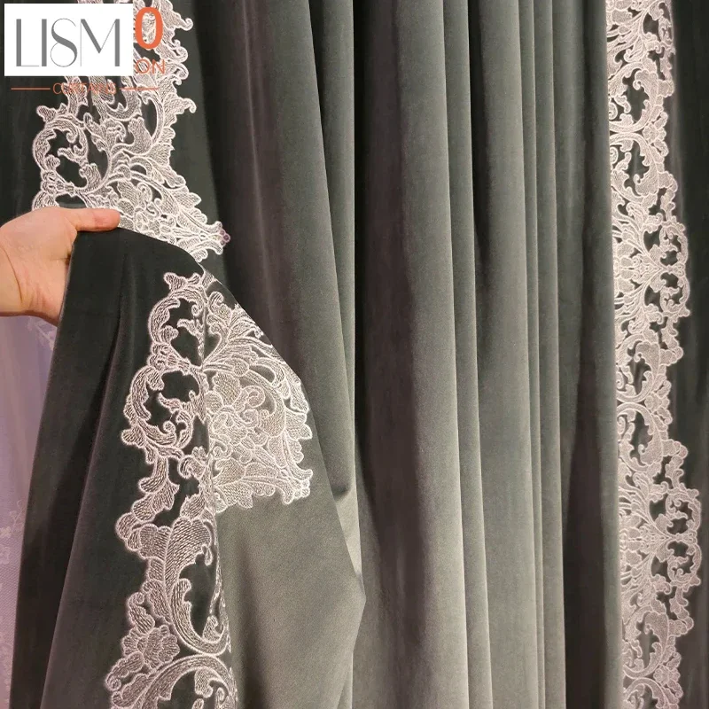 Custom Grey Green Embroidered Velvet Thickened Blackout Curtains For Living Room Bedroom French Window Villa Balcony