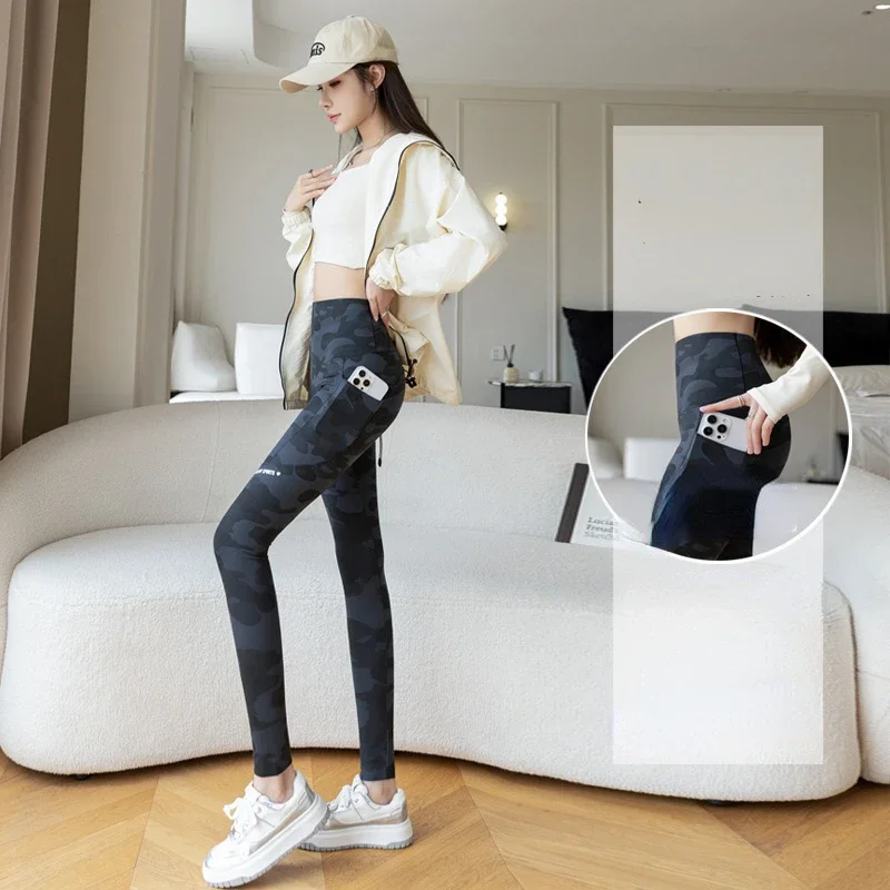 Frauen Camo Shark Hosen Hohe Taille Tasche Leggings Große Größe Dehnbare Casual Hosen Mode Dünne Yoga Fitness Hosen – Detail 11
