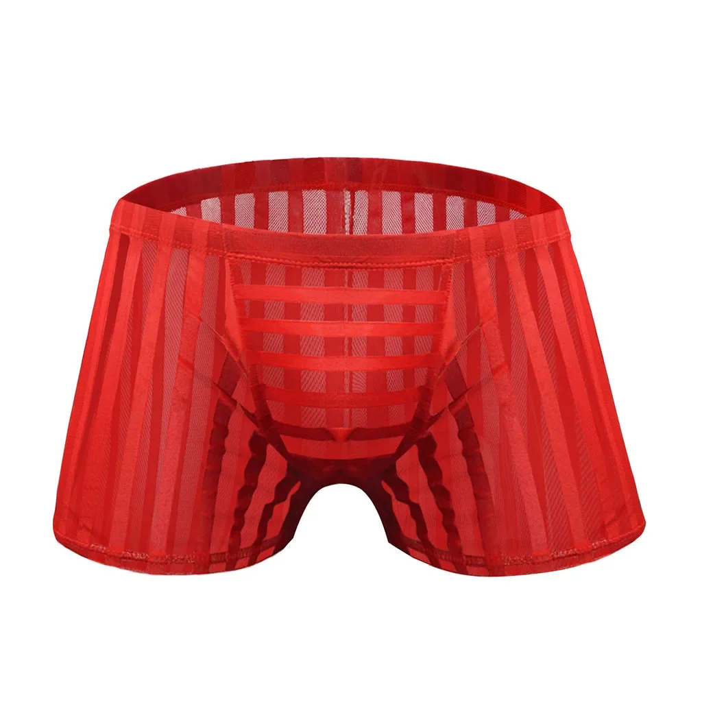 مخطط الصندوق الملابس الداخلية للرجال مثير العشير شبكة تنفس مطبوعة شفافة جذوع مثليون جنسيا منخفضة الارتفاع U محدب الحقيبة السروال