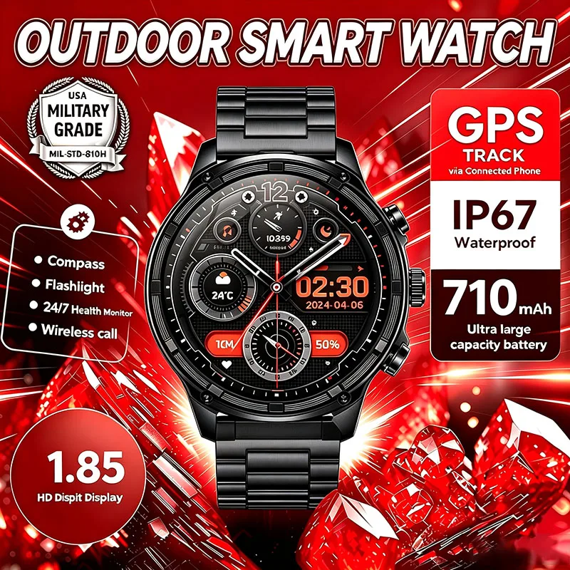 2026 New Men Rugged Smart Watch Bluetooth Call IP68 Waterproof 1.85