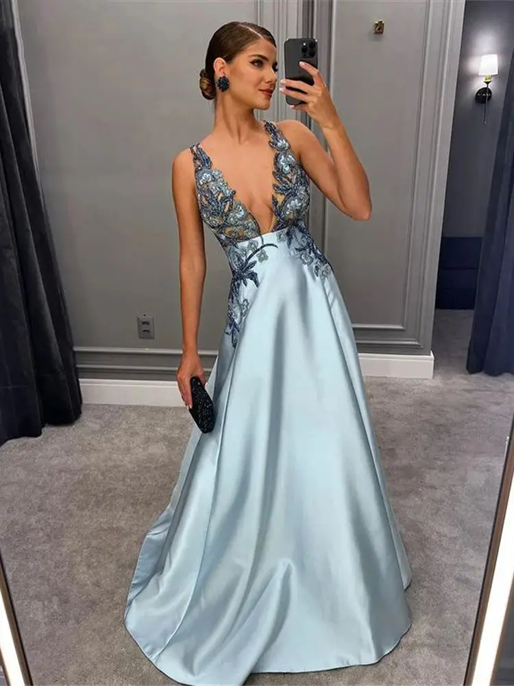 Elegant Satin V-Neck Evening Dresses Women Sexy Lace Embroidery Party Customized Prom Gowns Formal Long Party Vestidos De Noches