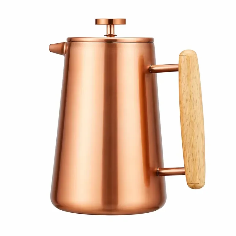 Double Wall Vacuum Insulated Rose Gold 304 Stainless Steel French Press Coffee Maker with Handle Cone Shape Coffee Pot