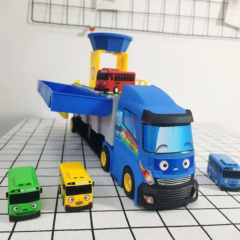 Cartoon Tayos The Little Bus Container Truck Storage Box Parking Lot With 3 Pull Back Mini Car Toys For Children Birthday Gifts