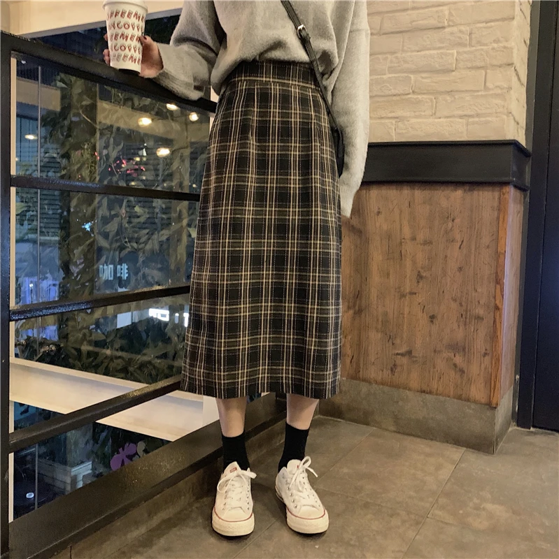 Women High Waist Dark Brown Split Slim Korean Woolen Skirts Elastic Plaid Print Summer Vintage Female Midi Long Skirt Streetwear