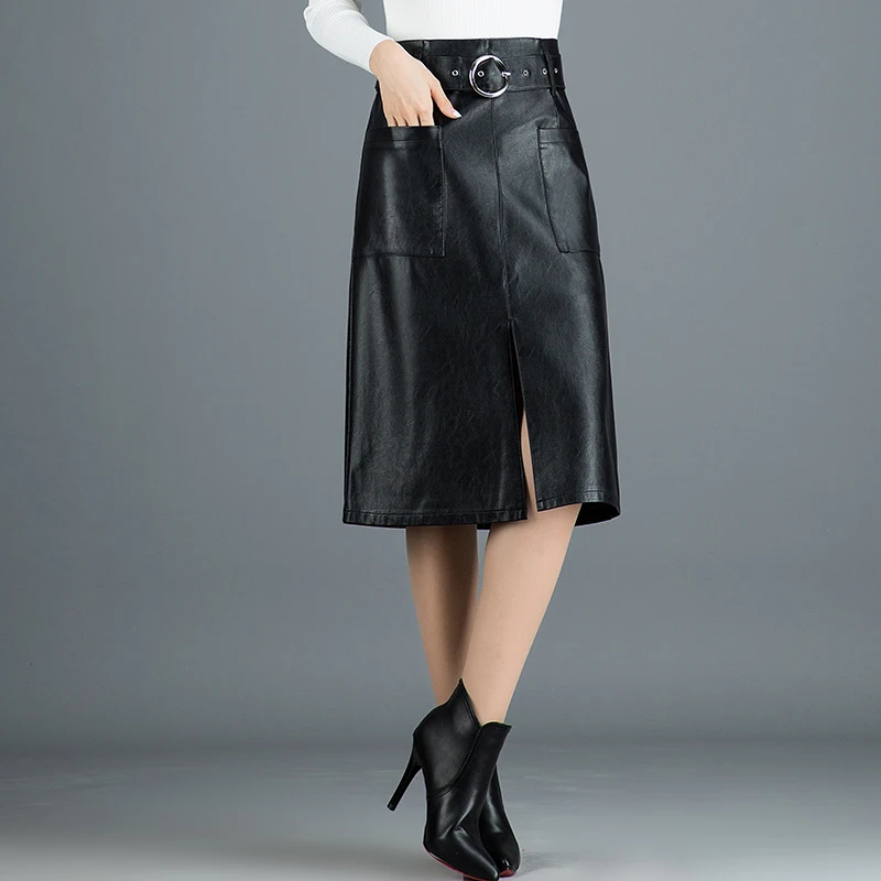 ZUZK Women PU Leather Skirt Autumn Winter High Waist Solid Color Casual Straight Skirts PU Leather Skirts