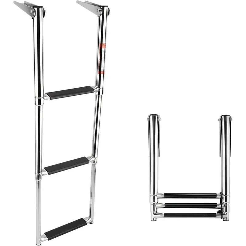 3 Step Folding Stainless Steel Boat Ladder for Pontoon Stern with Rubber Handle Beam Bracket Marine Swimming Platform