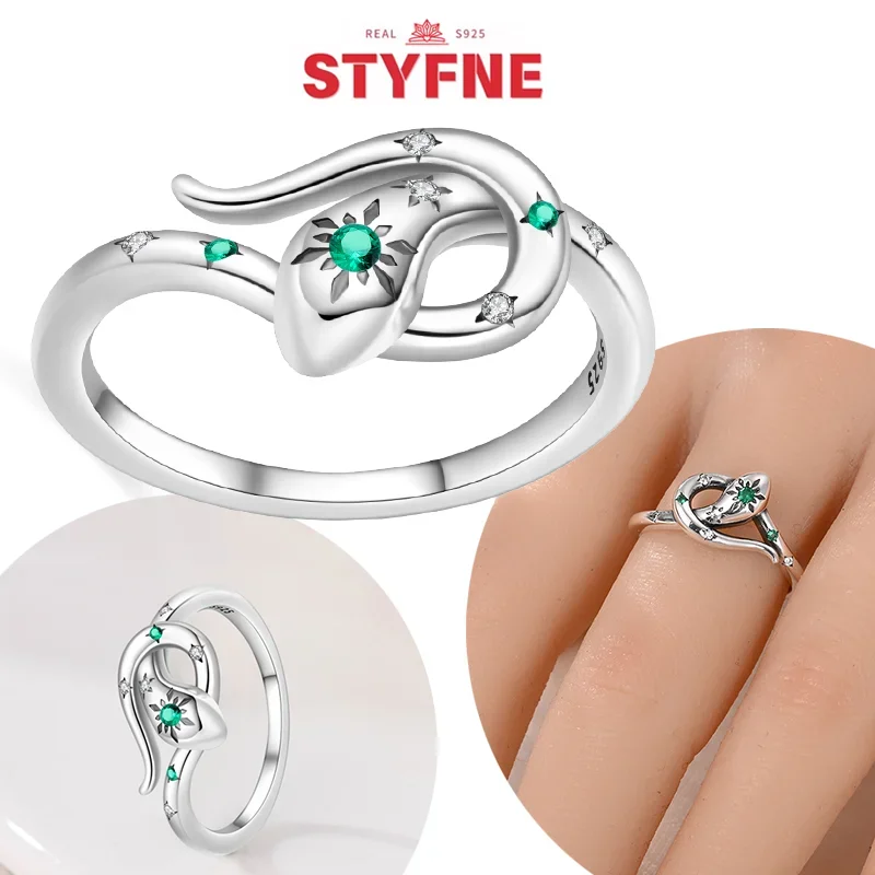 Anillo de plata auténtica S925 con circonita verde brillante para mujer, sortija 925 con forma de serpiente Simple, joyería fina exquisita para fiesta, regalo a juego diario