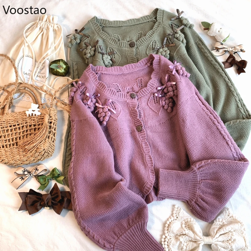 Vintage Sweet Grape Manor Knitted Cardigan Women Y2k Aesthetic Button Jackets Female Kawaii Lolita Style Short Sweaters Jumper