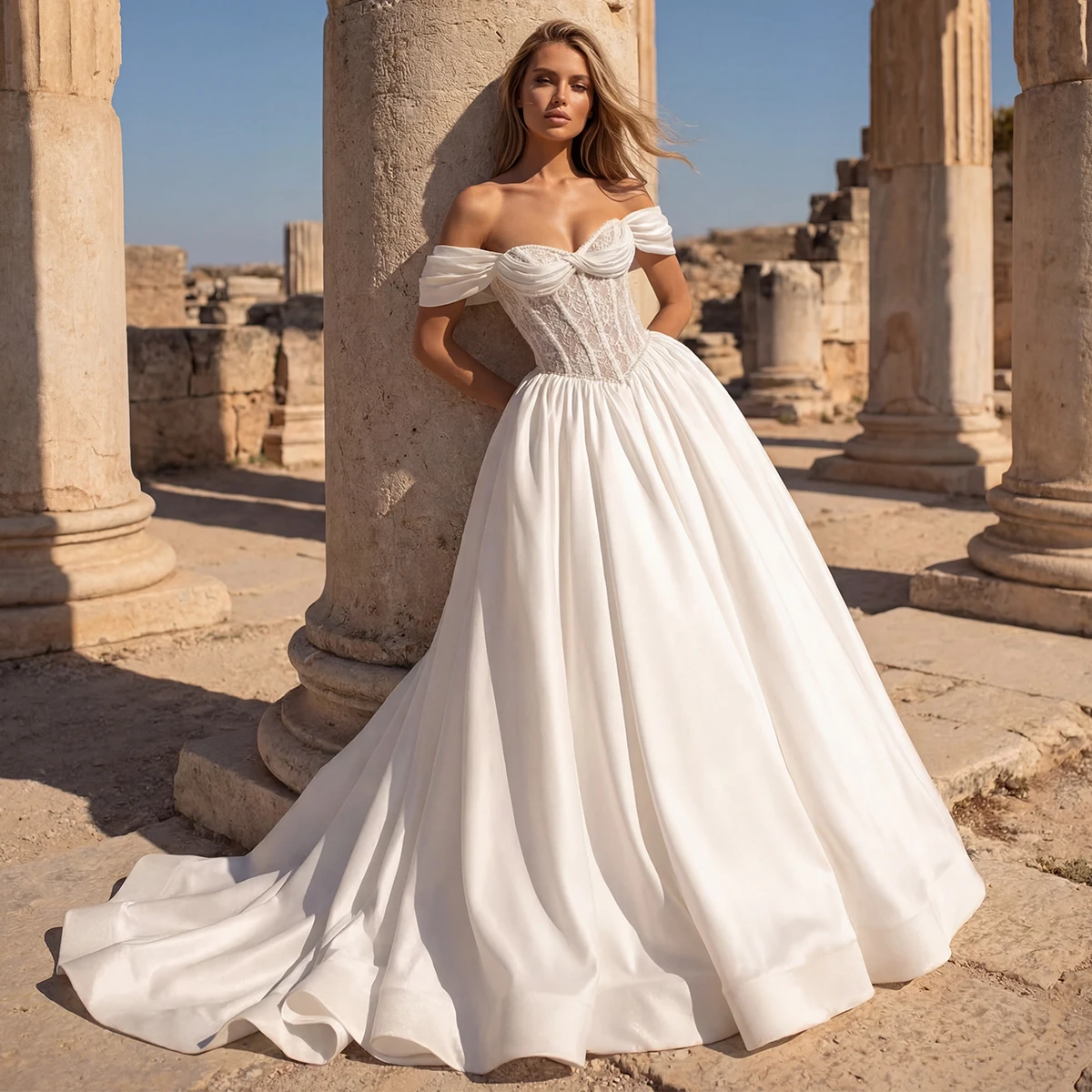

Simple Appliques Sweetheart Wedding Dress With Train Long Off Shoulde Lace Ball Gown Satin Bridal Gown For Women Vestidos Novia