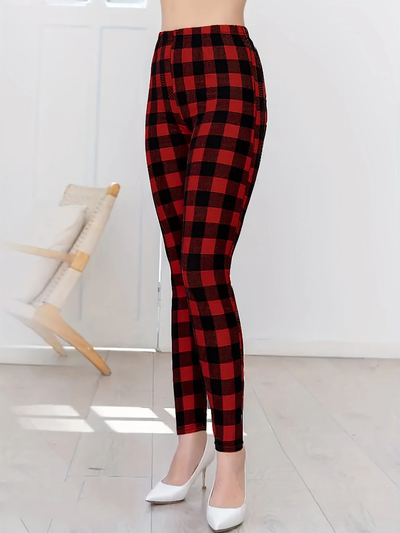 Women Fashion Plaid Printed Long Pants Casual High Waist Pencil Pants Ladies Elegant Slim Long Pants