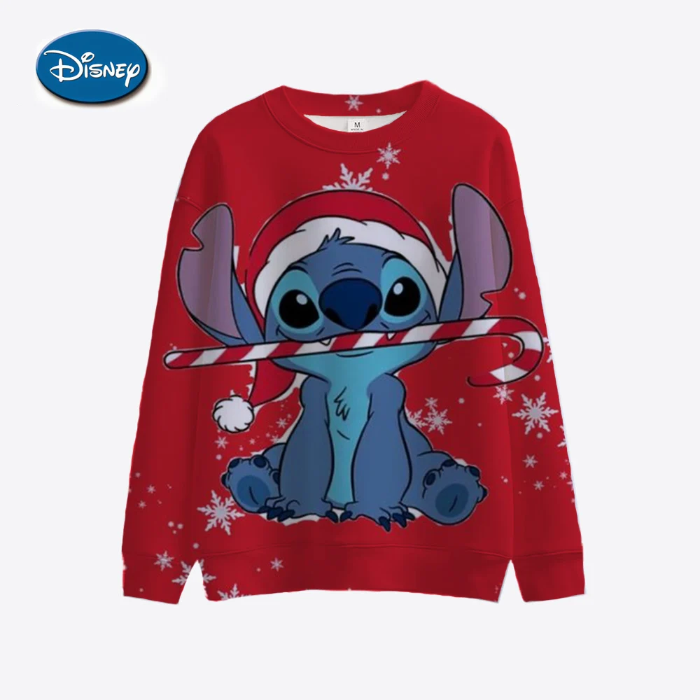 Disney Stitch Christmas Sweatshirt for Women, Long Sleeved Casual Pullover, Printed Loose Round Neck Top, Fashion, New