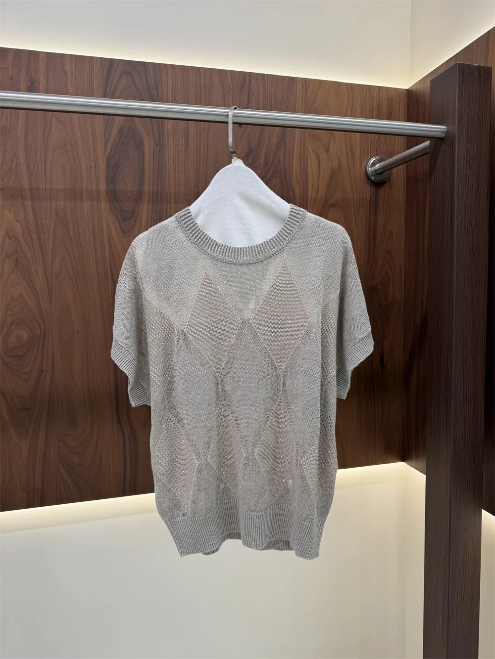 Women’s Spring/Summer 2026 New Round Neck Linen Short-Sleeve Knit Top Diamond Pattern Sequins Loose Fit Breathable T-shirts Tops