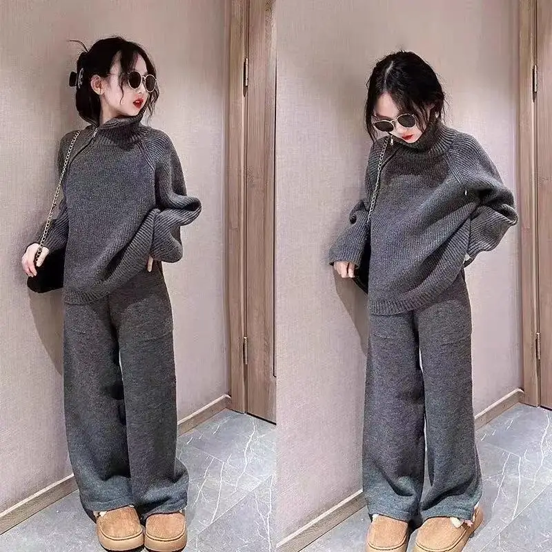 

Teenage Girls' Set Spring and Autumn 2026 New Style Children's Stylish Casual Knitted Sweater Wide Leg Pants Two Piece Set