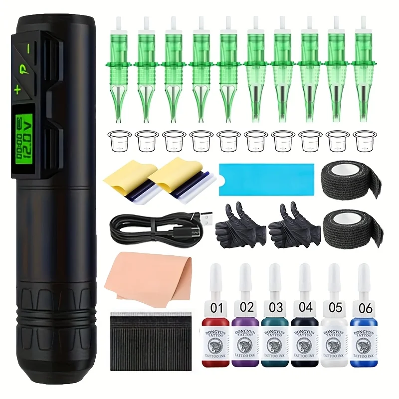 

Complete Tattoo Kit Tool Bag USB Rechargeable 1300mAh Lithium Battery 10 Needle Tips 6 Colors of Ink Festival Gifts