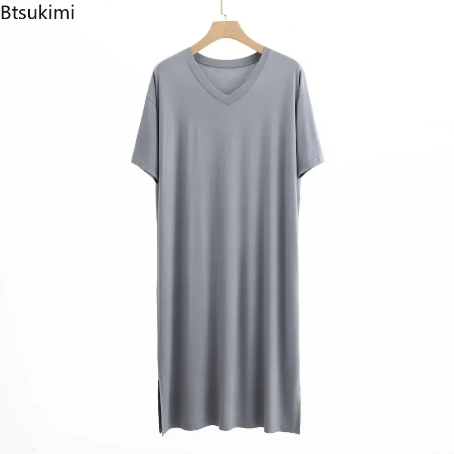 2025 Men\'s Modal Pajamas Home Clothes Short-sleeved V-neck Mid-length One-piece Nightgown Summer Men\'s Solid Loose Thin Bathrobe