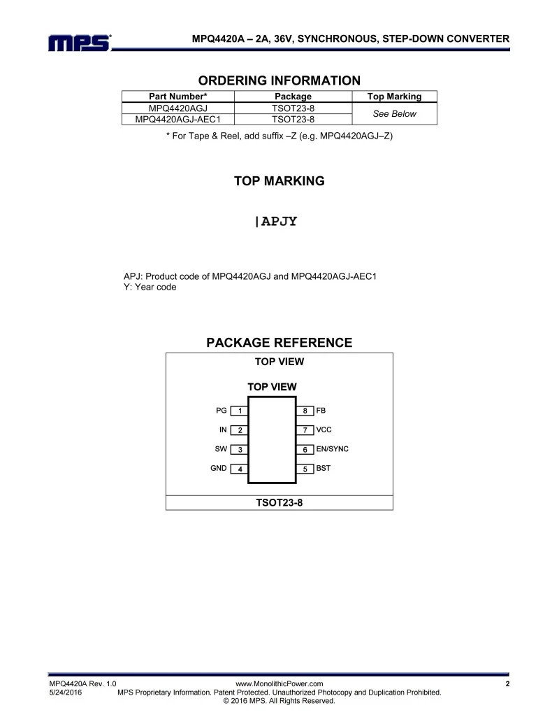 10Pcs/Lot MPQ4420AGJ-AEC1 MPQ4420AGJ Mark：APJ*,2A,36V,Synchronous Step-Down Converter With PG and Ext. Sync with Forced CCM Mode