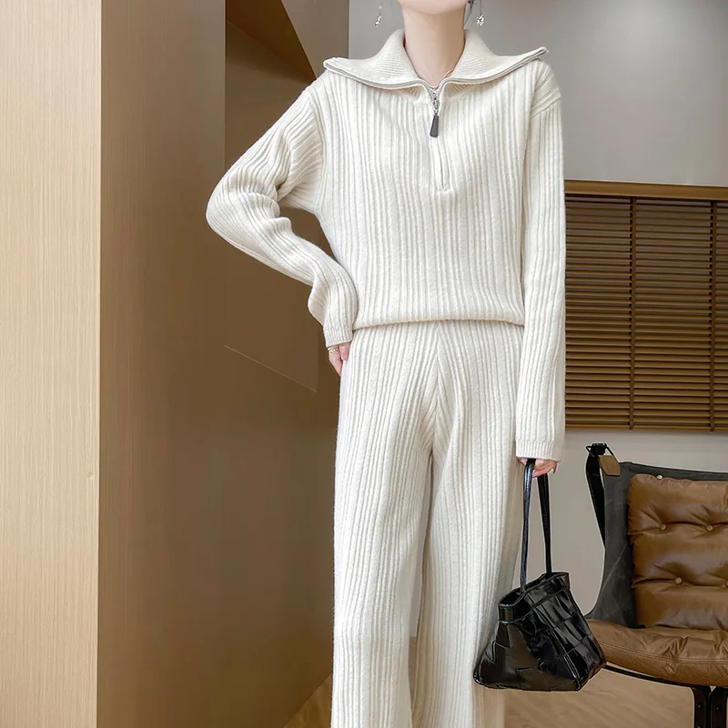 DjzDsm Fall/Winter New 100% Wool Women's Wide Leg Pant Set Women's Loose Knit Wool Half Zip Pullover Straight Leg Pant Set