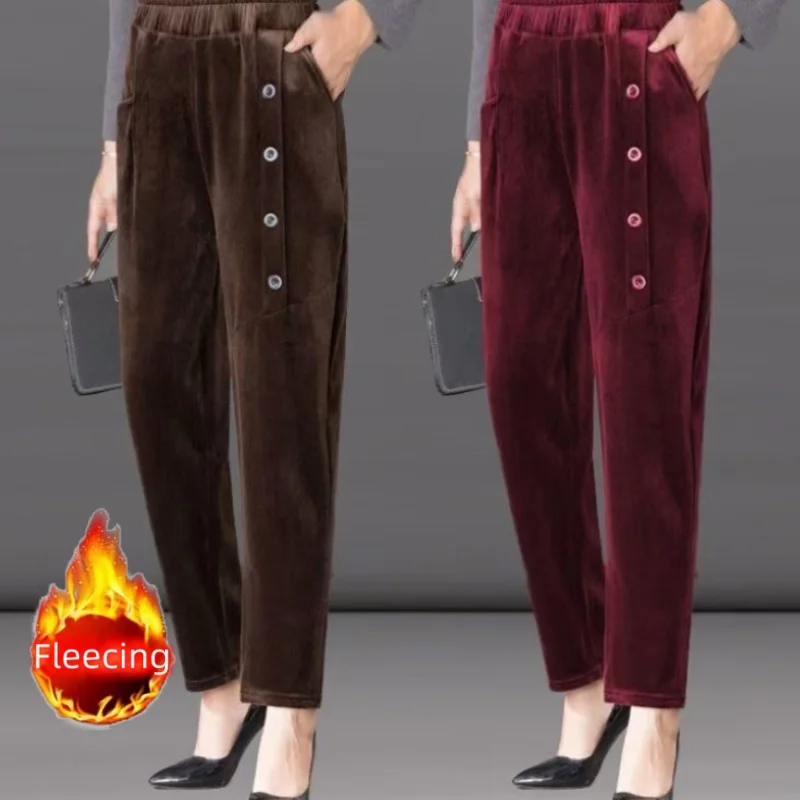 New Thin&Thick Fleece Autumn/Winter Women's Pants Corduroy Elegant Chic Haren Pants Solid All-Match Office Lady Casual Trousers