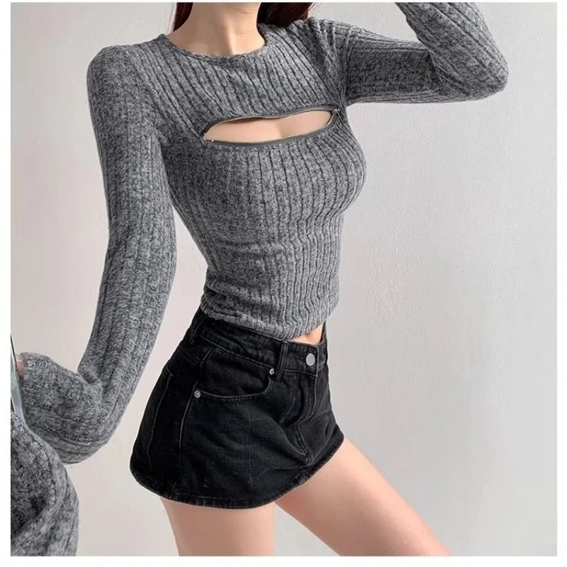 

Y2K тонкие лоскутные пуловеры на молнии, весенне-осенняя новая женская одежда, однотонные модные свитера с длинными рукавами, трендовые сексуальные