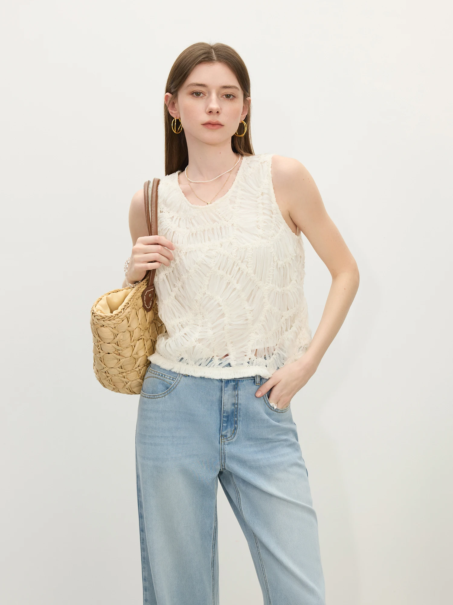 FSLE pleciona luźna kamizelka bez rękawów beżowy top dla kobiet 2025 lato nowy nabytek sezon wakacyjny wszechstronne topy 25FS12337