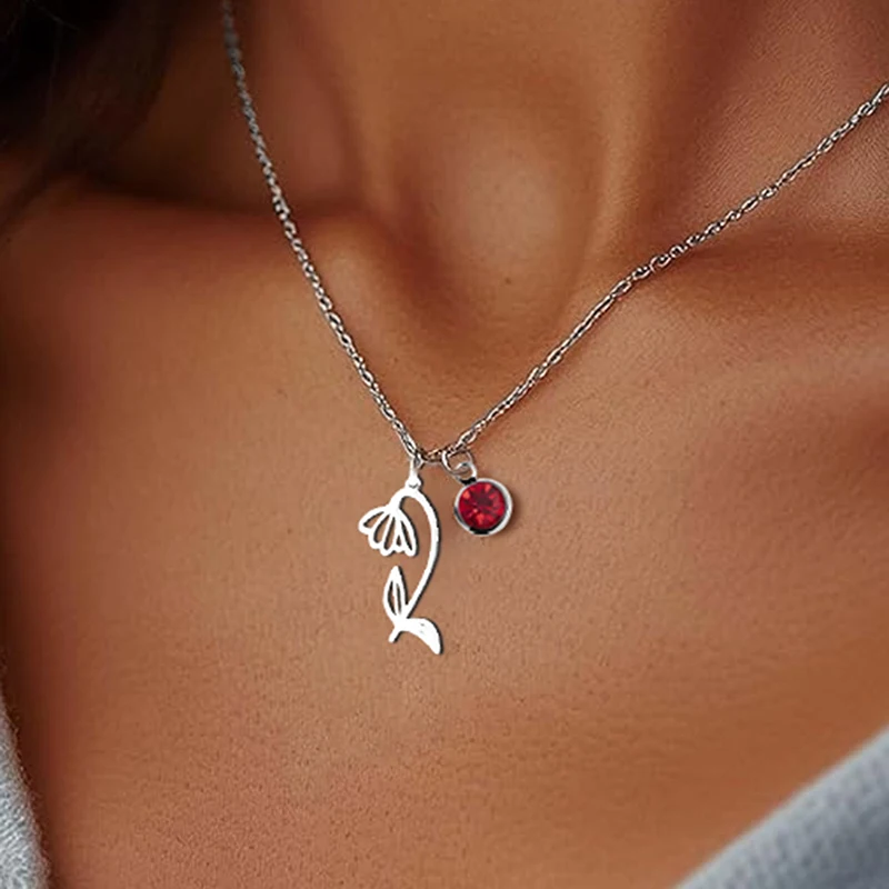 12 Months Birthstone Birth Flower Necklace For Women Stainless Steel Jewelry Birthday Gifts