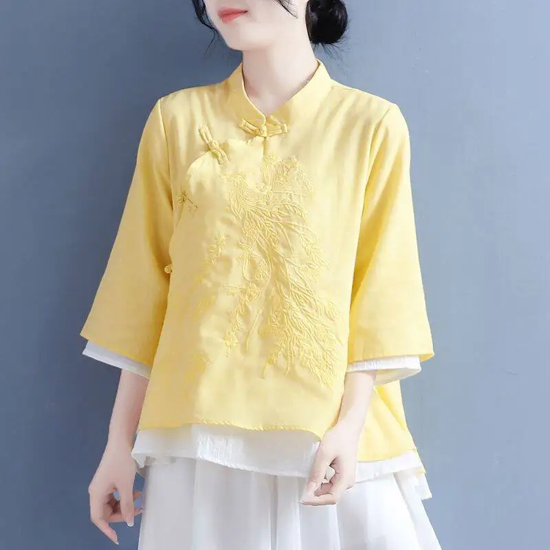 Traditional Chinese Summer New Cotton Linen Shirt Women Embroidery Vintage Chinese Style Button Tea Dress Hanfu Tops CN-236