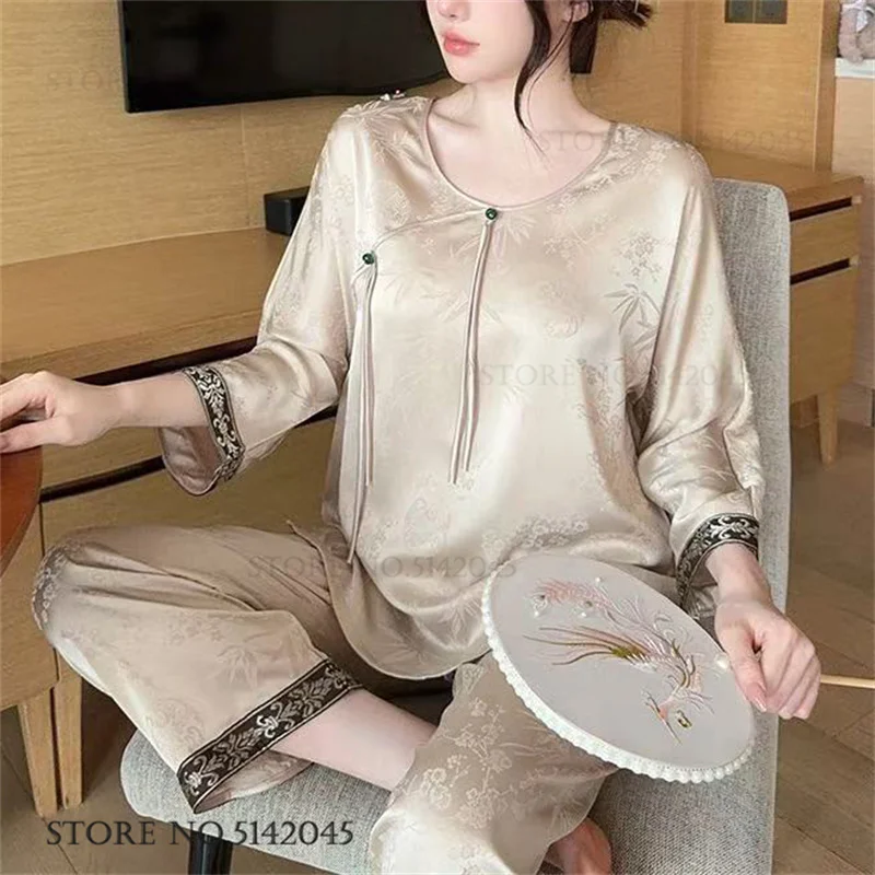 New Chinese Style Women Pajamas Set Loungewear Elegant Print Flower Sleepwear Trouser Suits Loose Silk Satin Homewear Pyjama