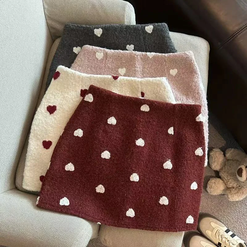 

Sweet Polka Dots Heart Skirt Women Korean High Waist Faux Wool Slim Mini Skirt Y2K Female Harajuku Preppy All Match A Line Skirt