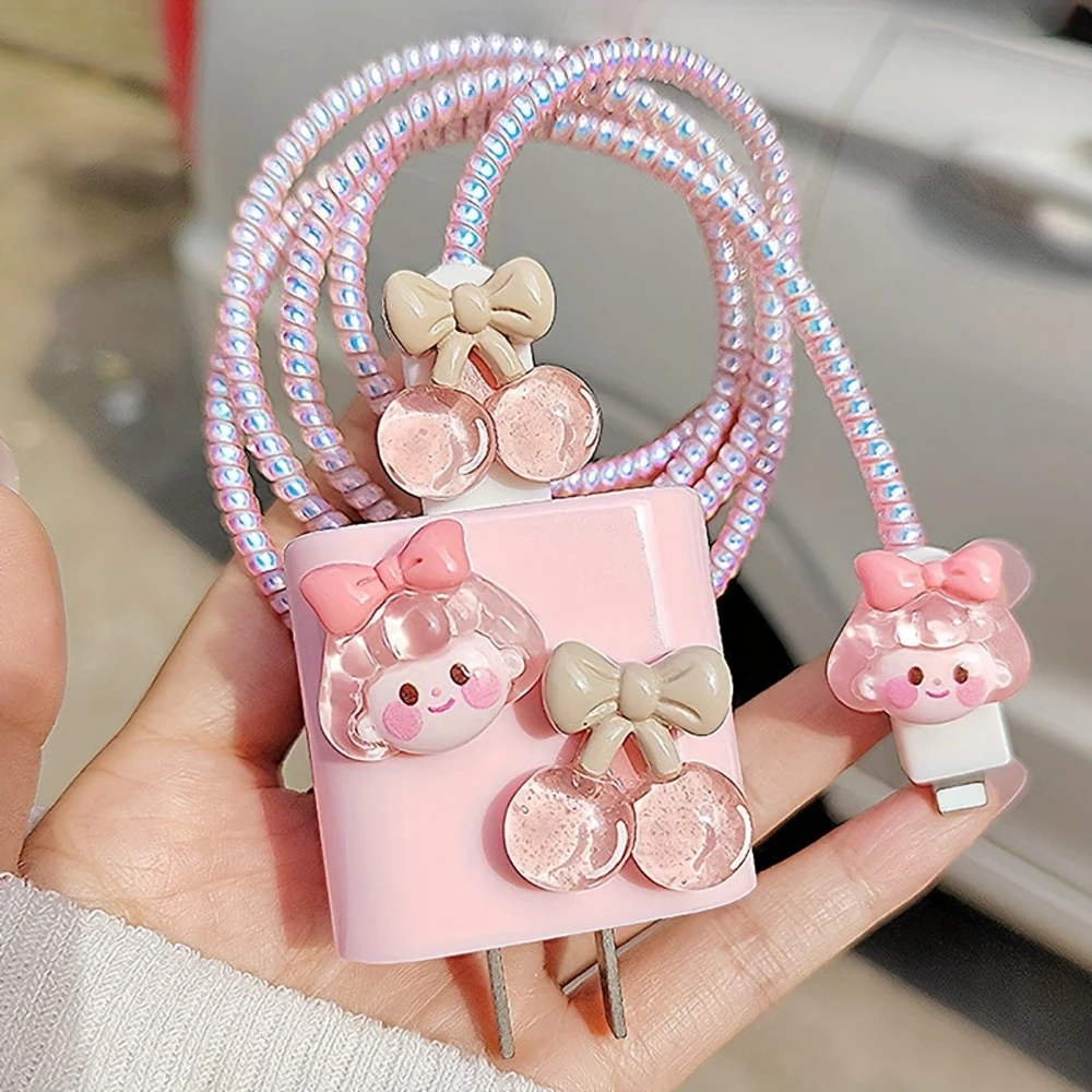 Charger Cable Protector Cover For Iphone 15 14 13 12 Pro Max 18W 20W Charger Cute Pink Girl Adapter Case Data Cord Protective