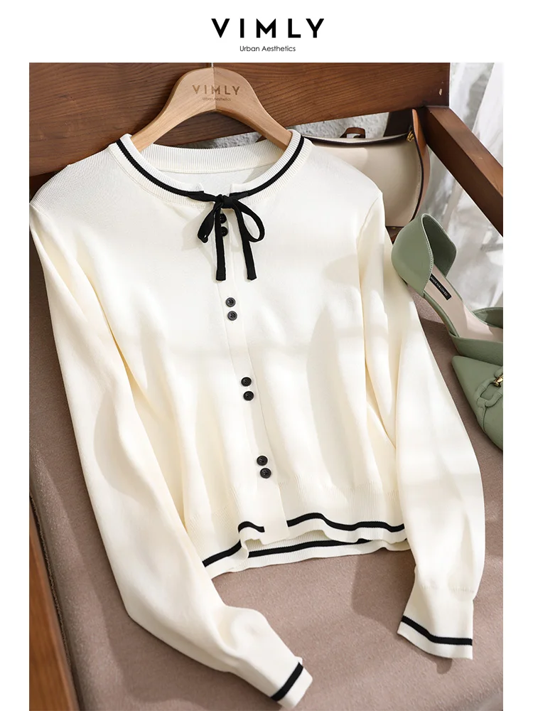 Vimly Chic White Knitted Cardigans for Women 2023 Spring Korean Style New In Knitwear Slim Black Bow Neck Knit Sweater Top 72329