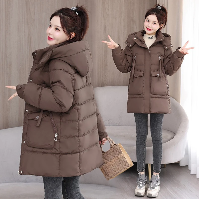 Jaket parka wanita lapis katun, jaket parka musim dingin, mantel bertudung panjang setengah, mantel berlapis kasual longgar wanita