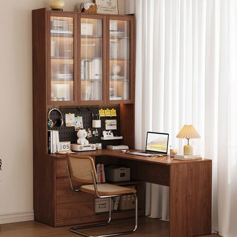 Solid wood corner desk bookcase bookshelf combination integrated study table medium antique glass door computer desk L shape