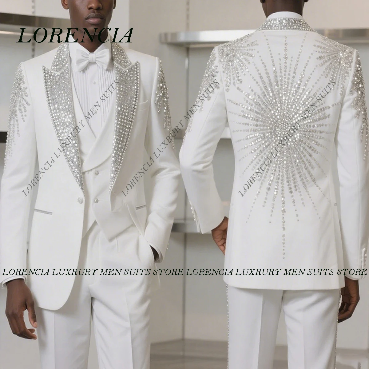 

Customized Glitter Ornament Rhinestones Men Suits 3 Pieces Sets Groom Male Blazers Formal Ropa hombre Slim Fit Wedding Tuxedos
